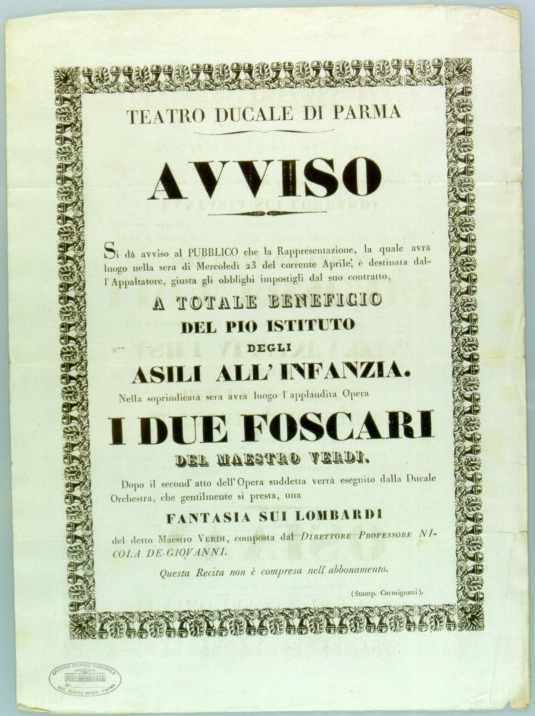 Avviso teatrale per una serata di spettacolo a benefizio degli Asili all'Infanzia (23 aprile 1846)