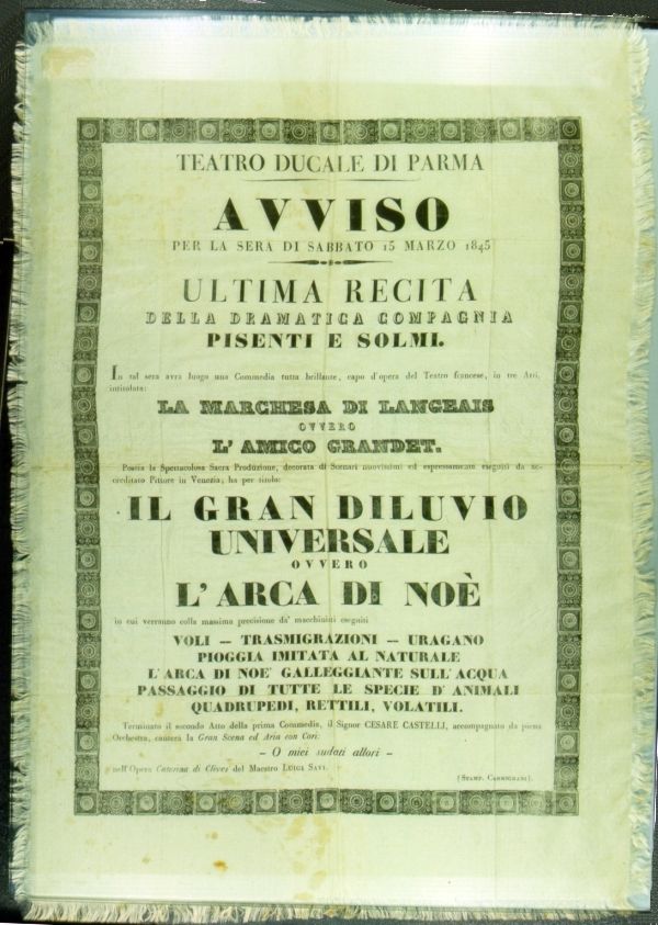 Avviso teatrale in seta relativo ad una recita della Compagnia Pisenti e Solmi (15 marzo 1845)