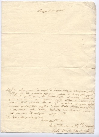 Lettera di Farinelli al duca Antonio Farnese