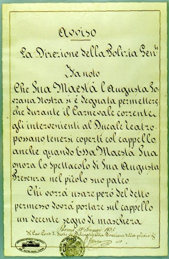 Avviso manoscritto della Direzione Generale di Polizia (15 gennaio 1837)