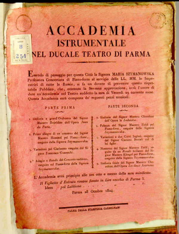 Avviso teatrale relativo all'accademia della concertista Maria Szymanowska (2 ottobre 1824)