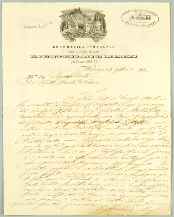 Lettera del capocomico Giustiniano Mozzi al Soprintendente del Teatro Reale (4 novembre 1853)